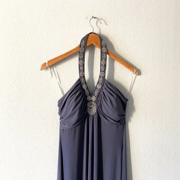 Spense gray maxi halter jeweled sleeveless dress size 8 stretchy - Picture 2 of 8